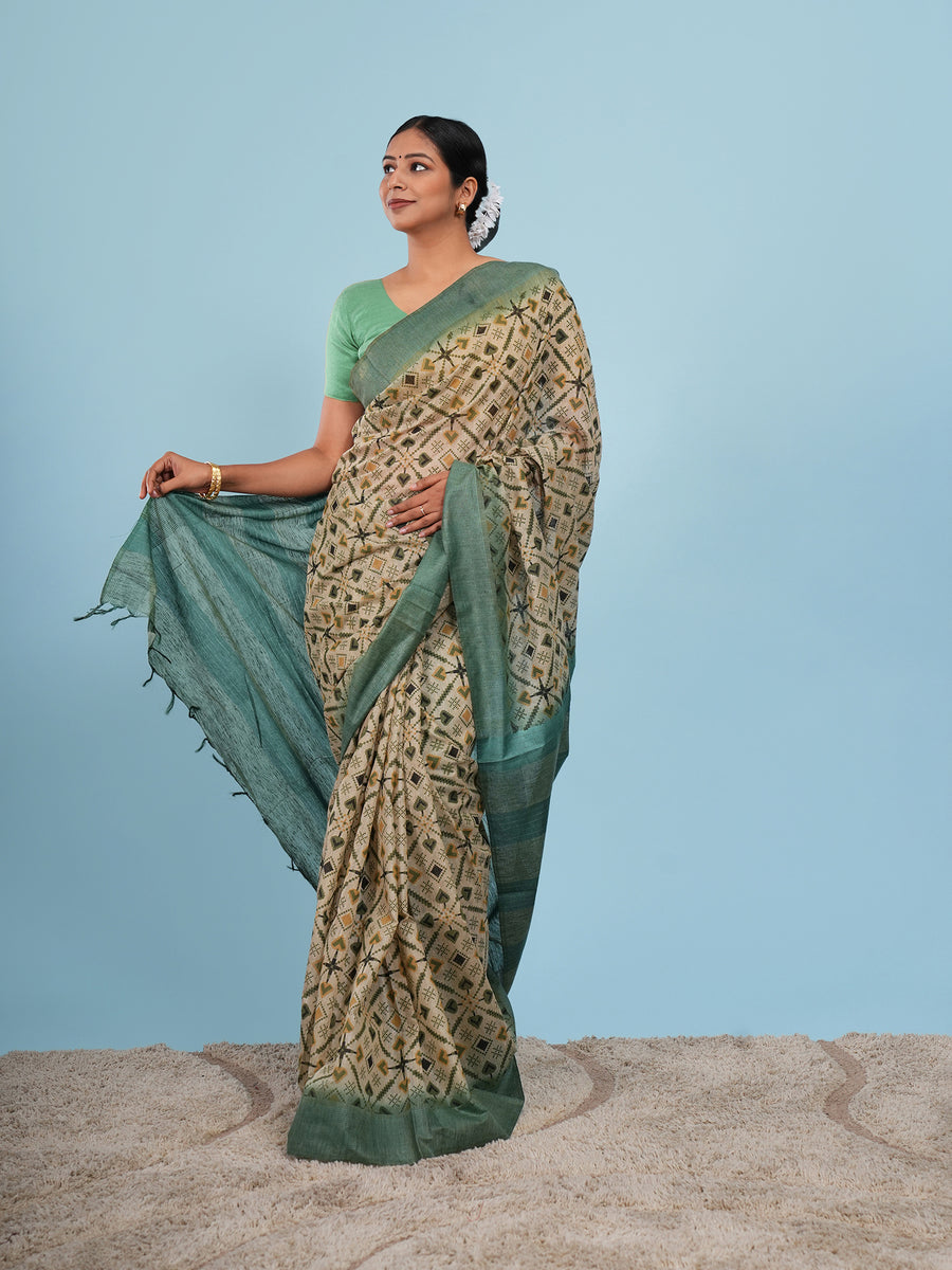Sage green bamboo silk block-print saree, pallu detail – Koshnika