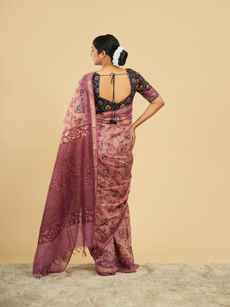 Rosewood pink floral block-print bamboo silk saree, floral block motif close-up – Koshnika