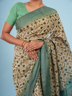 Maithili Bamboo Silk Block Print Saree Sage Green