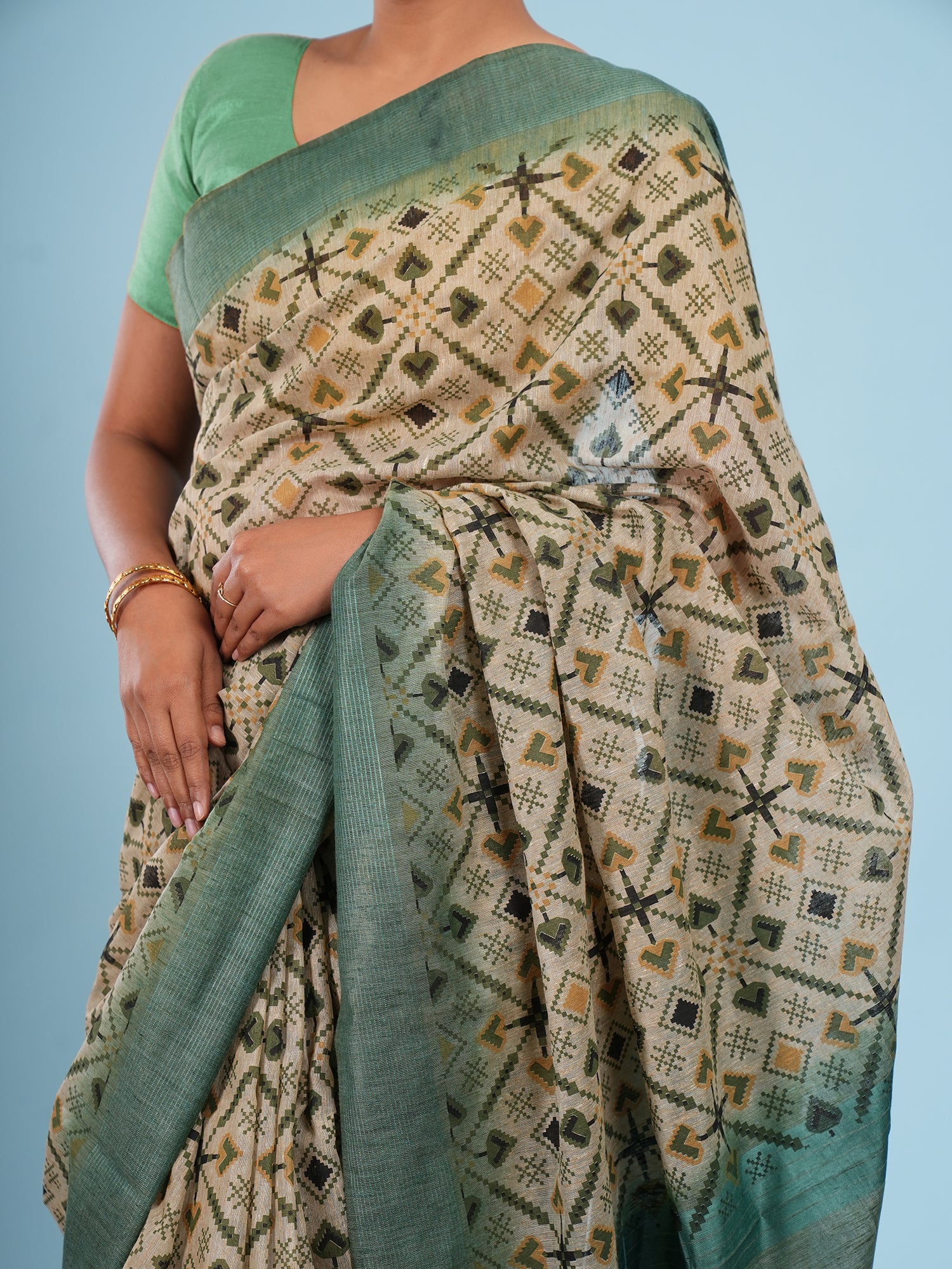 Maithili Bamboo Silk Block Print Saree Sage Green