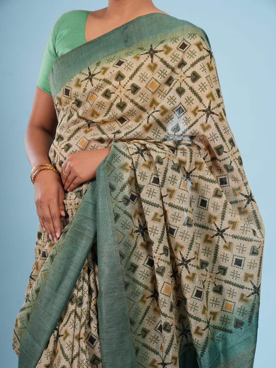 Sage green bamboo silk block-print saree, styled view – Koshnika