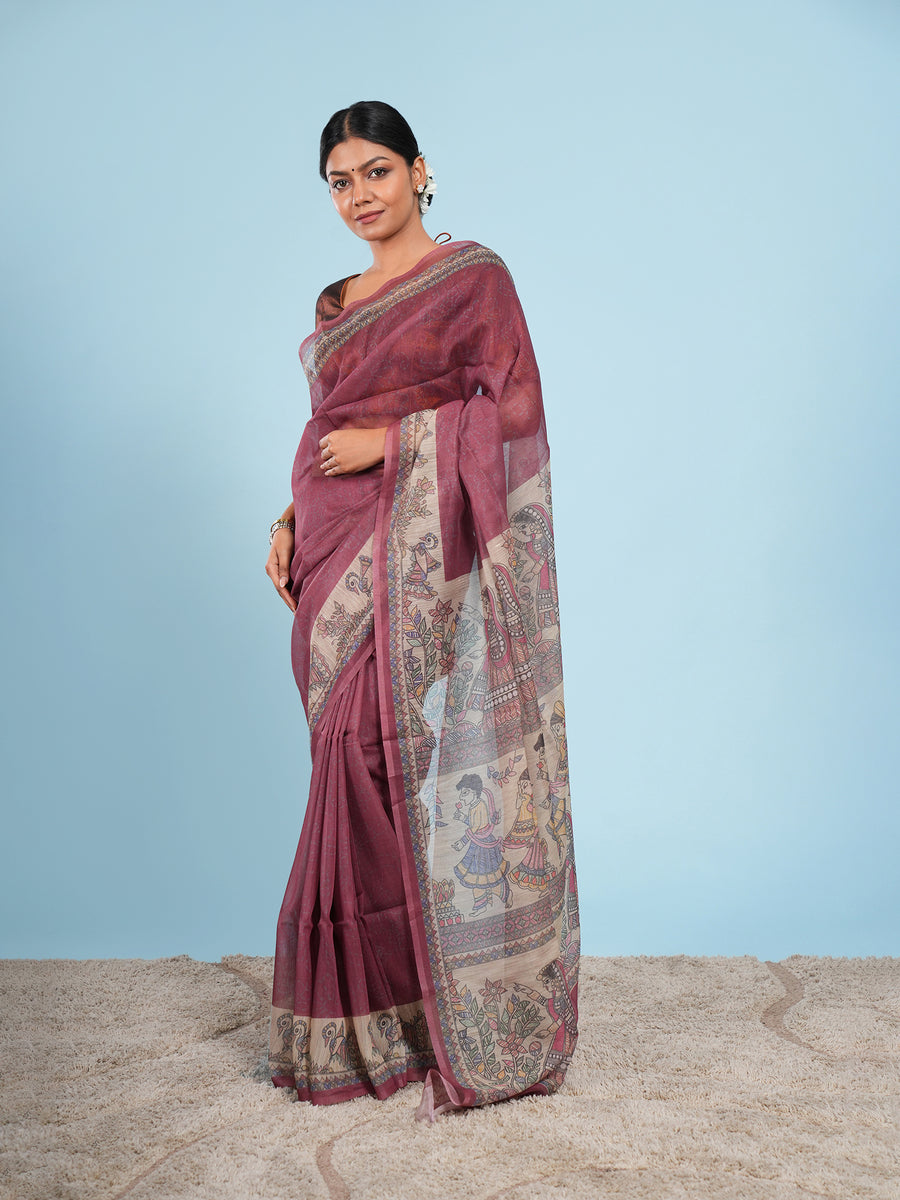 Deep maroon Tussar silk Madhubani-print saree – Koshnika