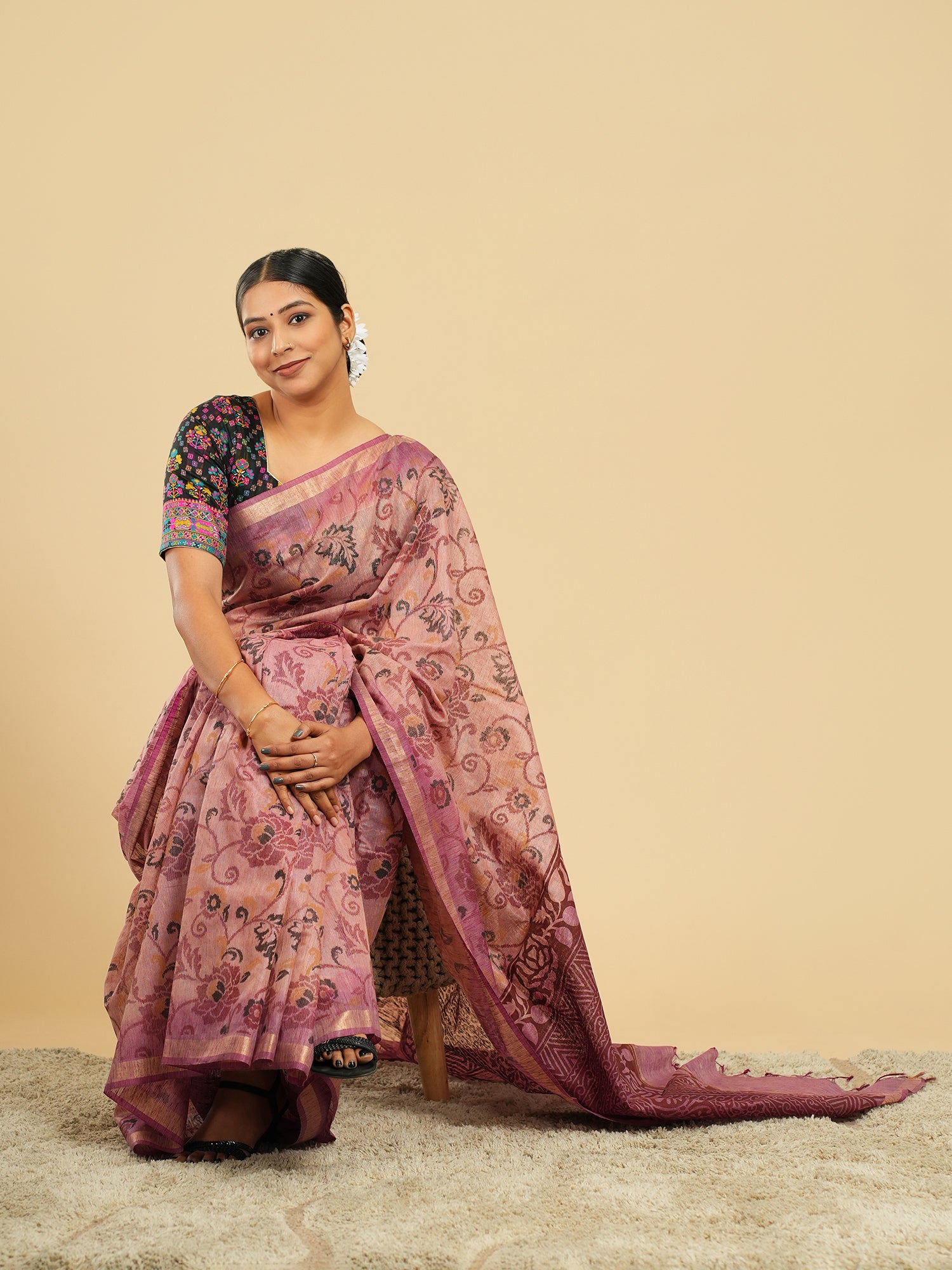Ira Floral block print on bamboo silk-Rosewood pink