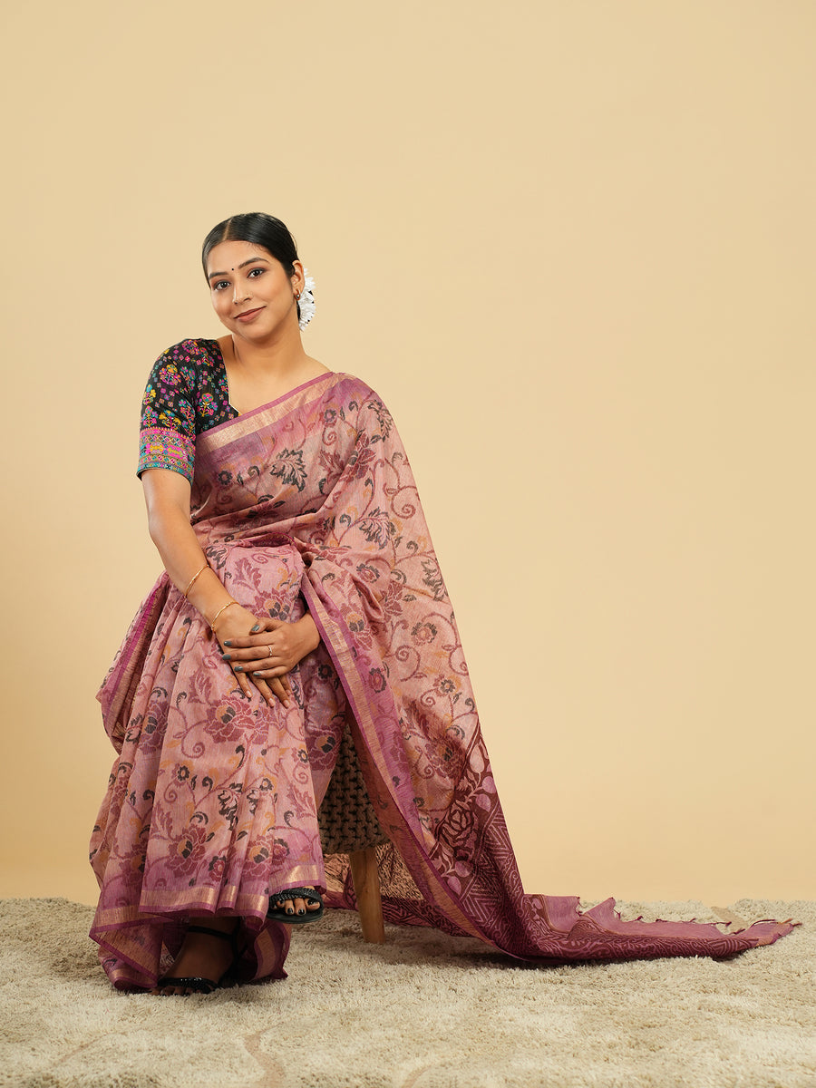 Rosewood pink floral block-print bamboo silk saree, fabric texture close-up – Koshnika