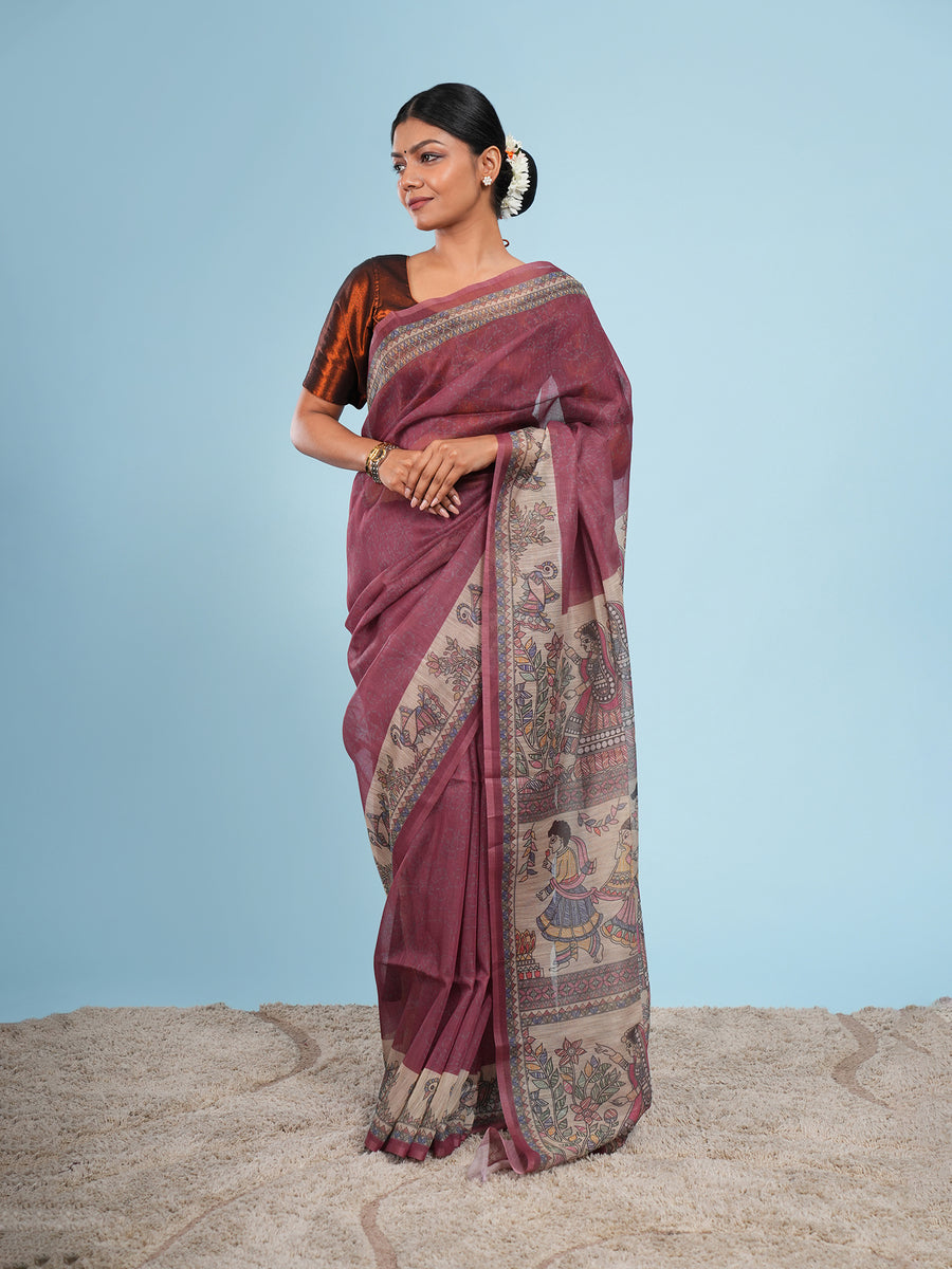 Deep maroon Tussar silk Madhubani-print saree, border detail – Koshnika