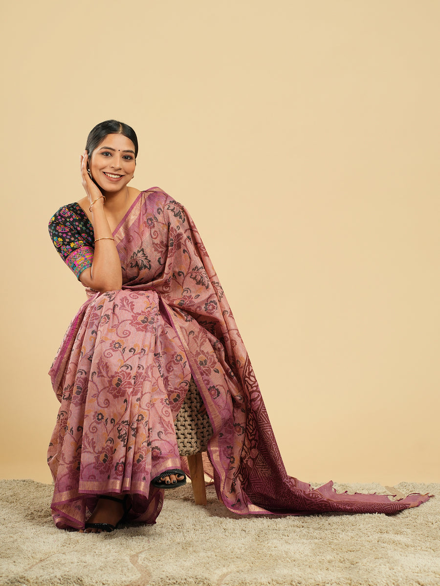 Rosewood pink floral block-print bamboo silk saree, styled view – Koshnika