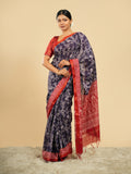 Navy Floral print on modal Red border