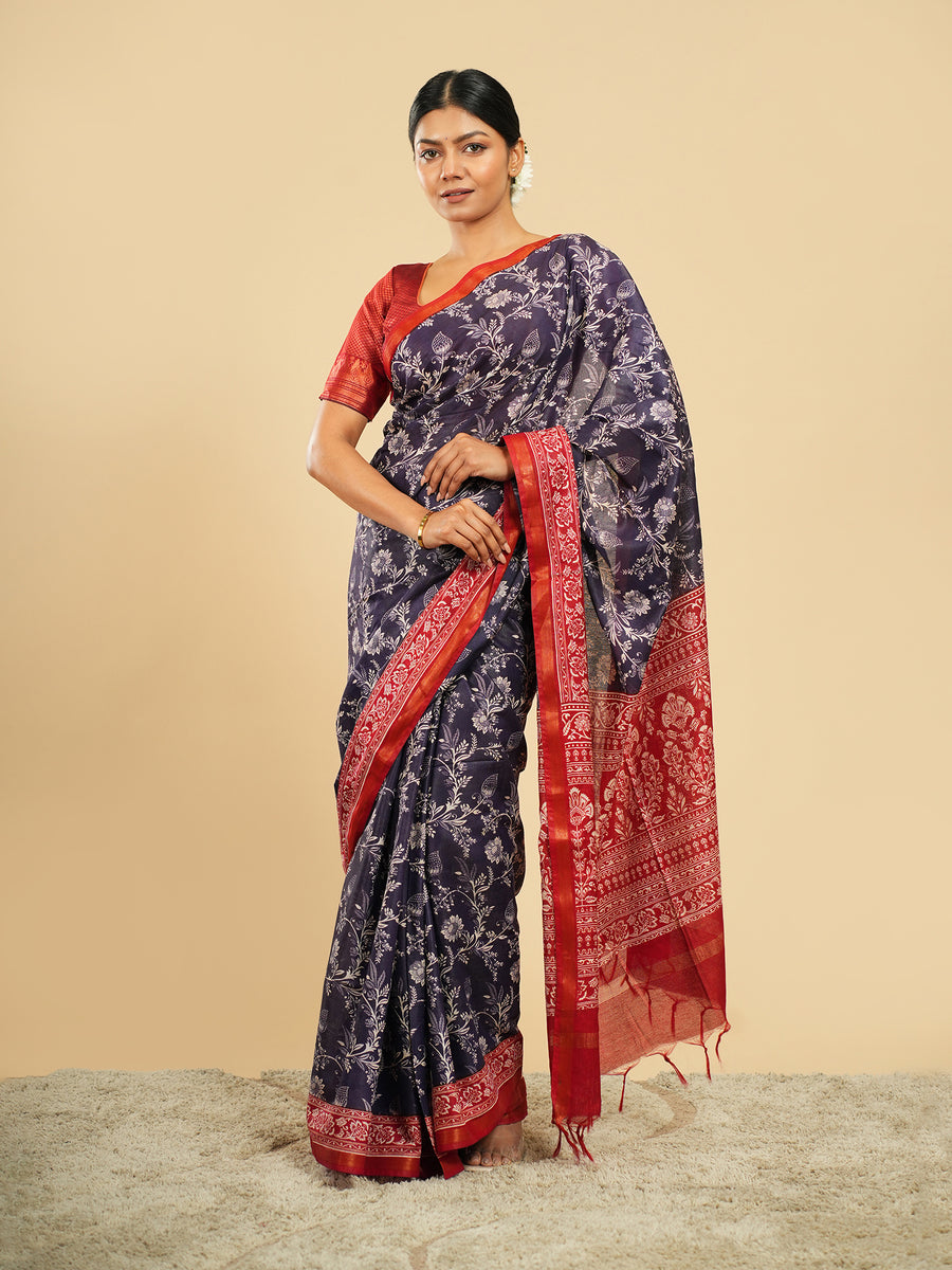 Navy Modal floral-print saree, red border – Koshnika