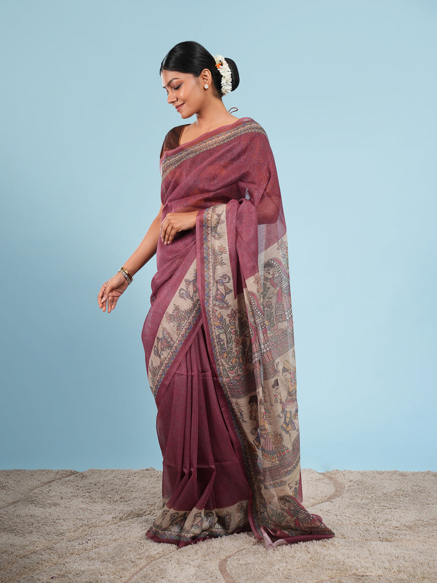 Deep maroon Tussar silk Madhubani-print saree, drape and fall – Koshnika