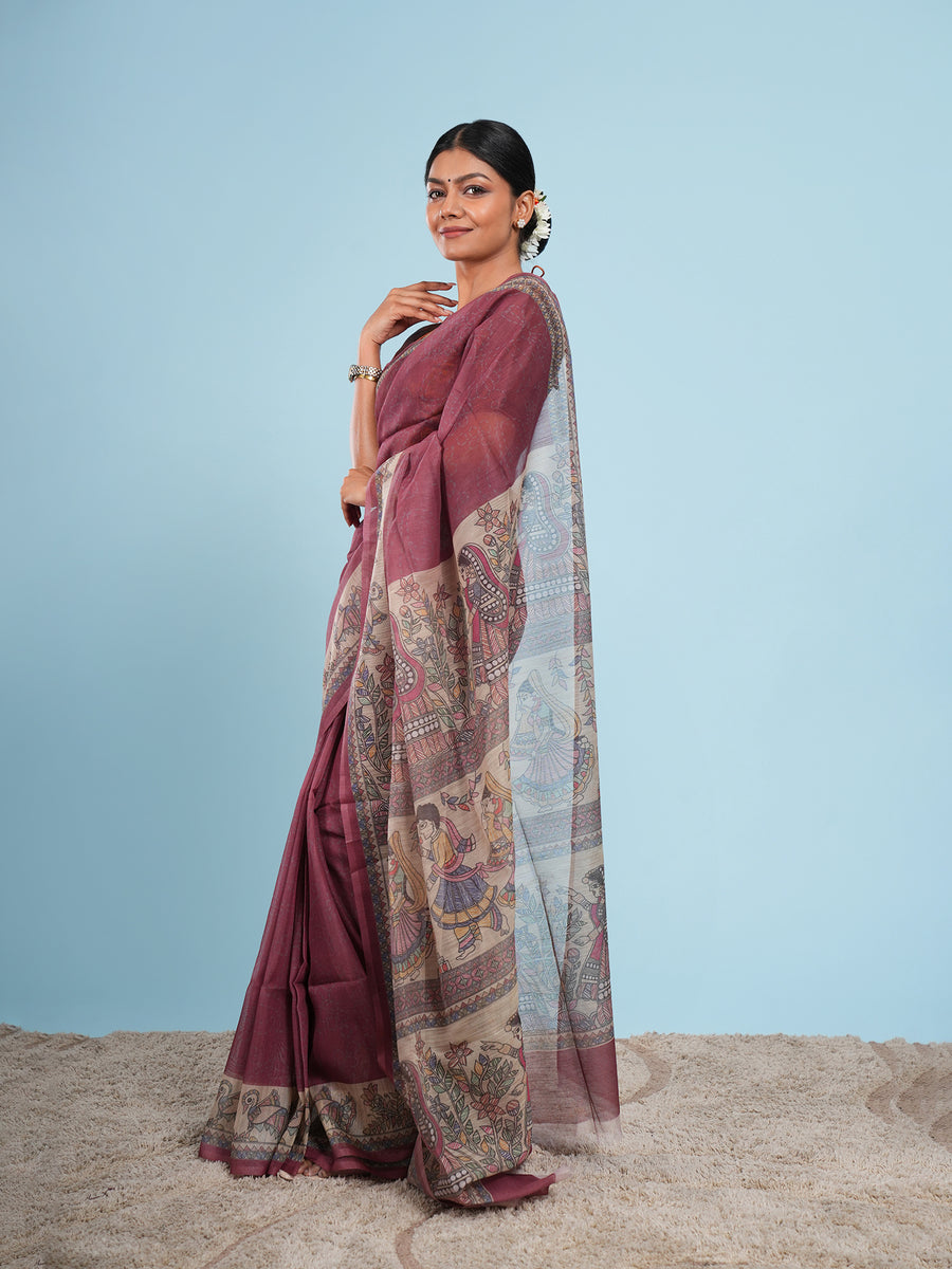 Deep maroon Tussar silk Madhubani-print saree, Madhubani motif close-up – Koshnika