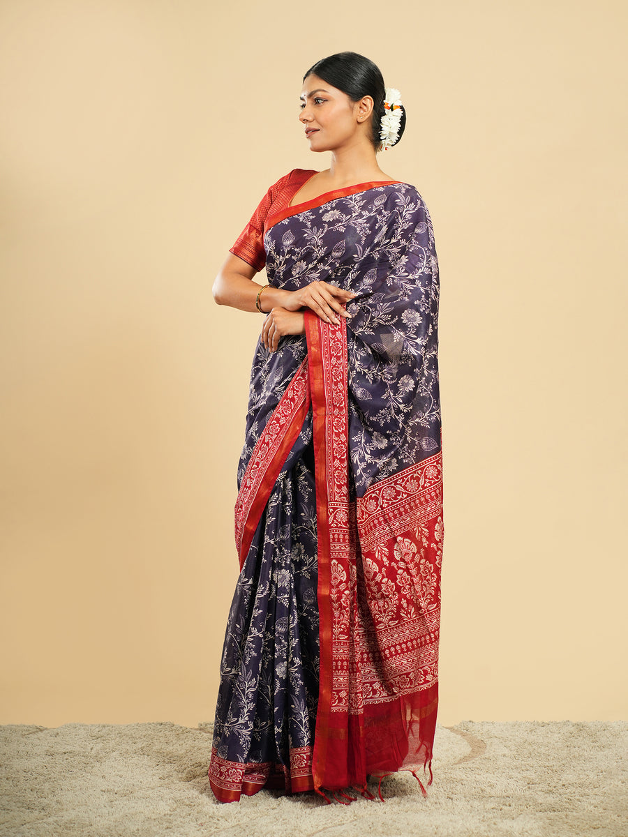 Navy Modal floral-print saree, red border detail – Koshnika