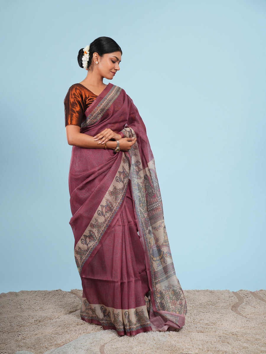 Deep maroon Tussar silk Madhubani-print saree, full-length drape – Koshnika