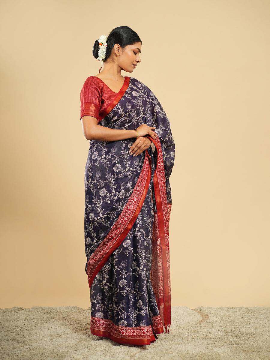 Navy Modal floral-print saree, drape and fall – Koshnika