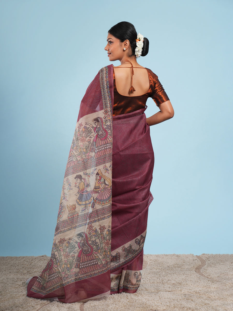 Deep maroon Tussar silk Madhubani-print saree, pallu detail – Koshnika