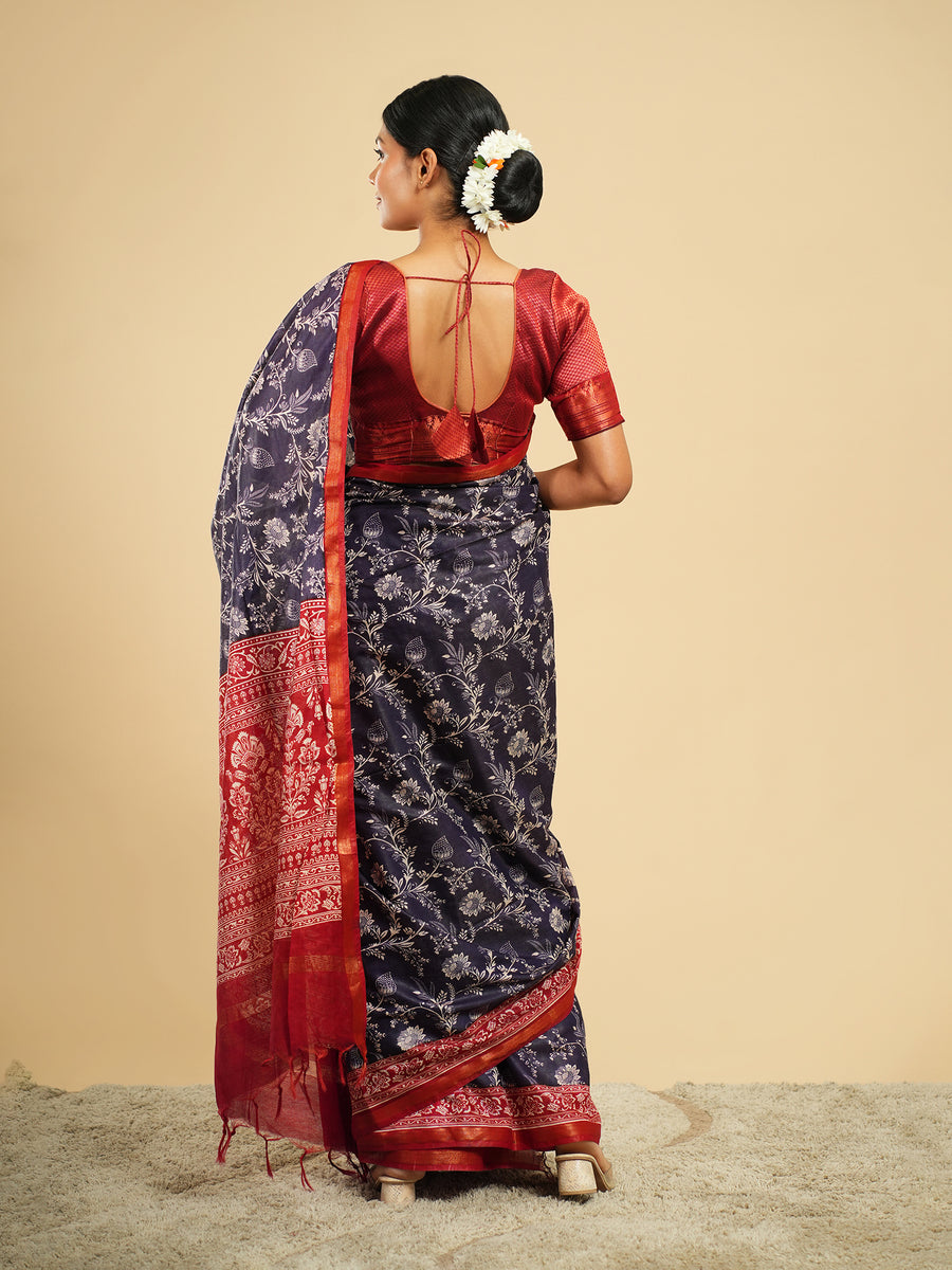 Navy Modal floral-print saree, floral print close-up – Koshnika
