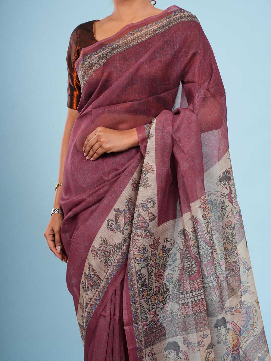 Deep maroon Tussar silk Madhubani-print saree, fabric texture close-up – Koshnika