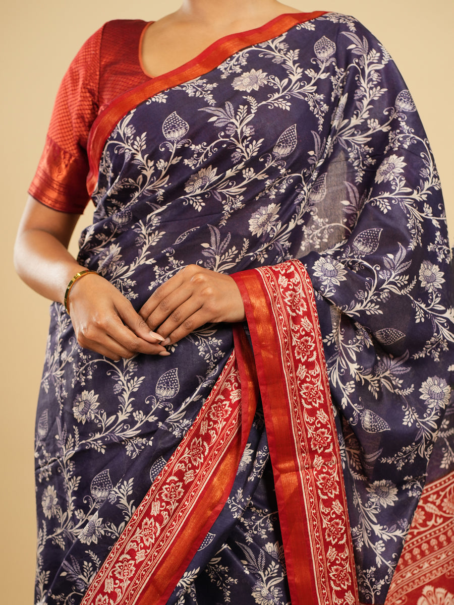 Navy Modal floral-print saree, full-length drape – Koshnika
