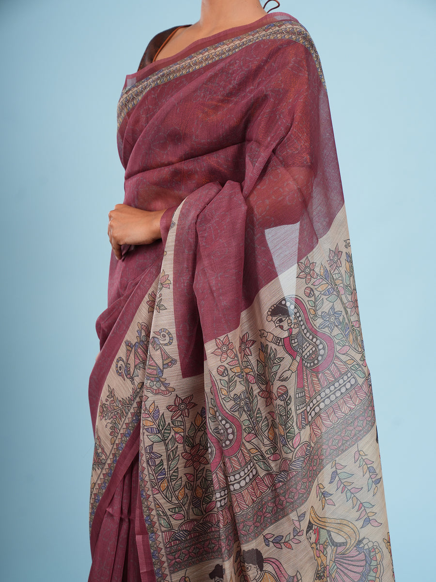 Deep maroon Tussar silk Madhubani-print saree, styled view – Koshnika
