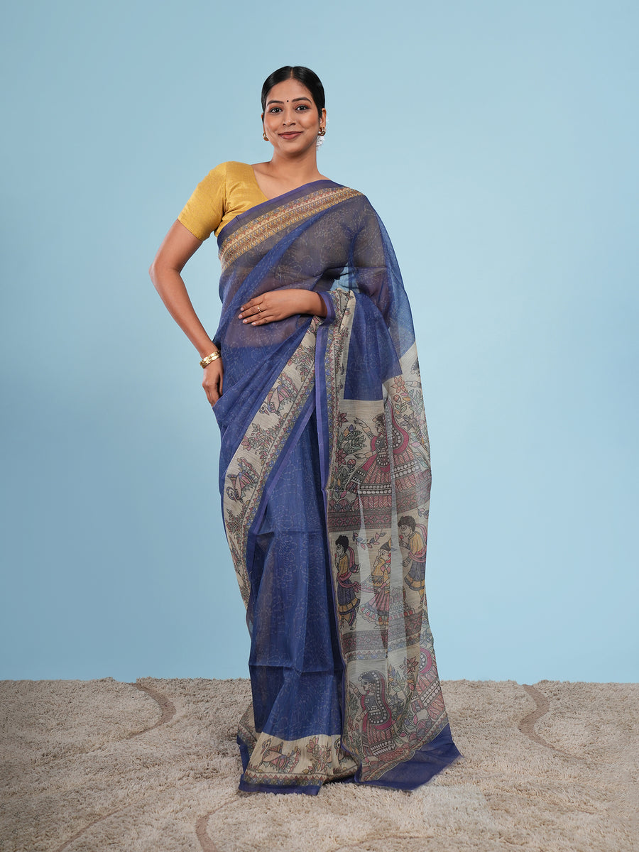 Royal blue Tussar silk Madhubani-print saree – Koshnika