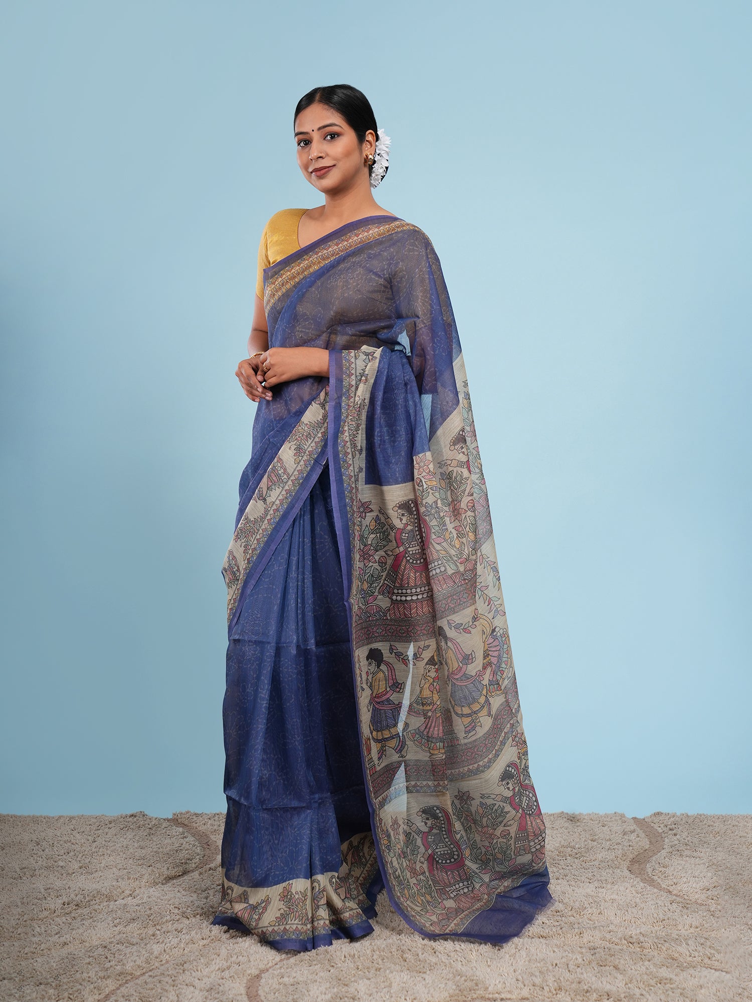 Neelima Madhubani print on Tussar silk-Royal blue.