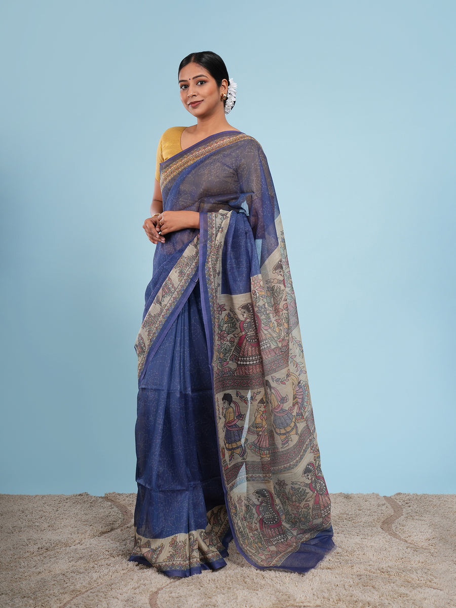 Royal blue Tussar silk Madhubani-print saree, border detail – Koshnika