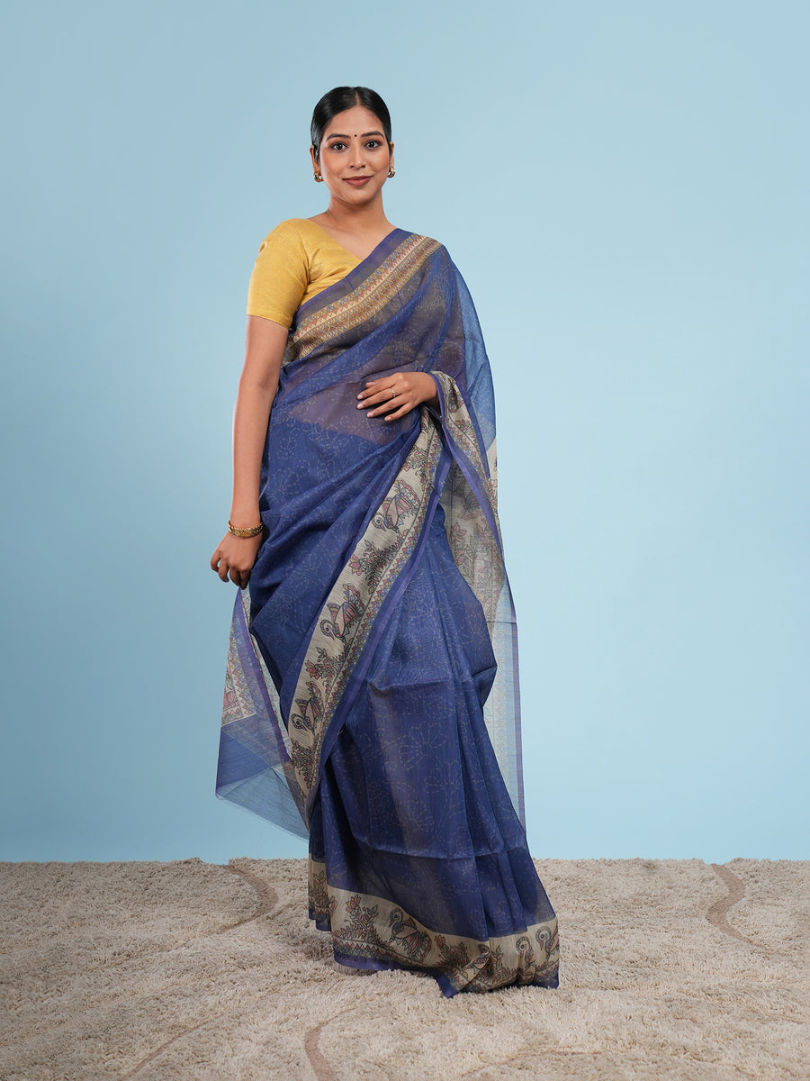 Royal blue Tussar silk Madhubani-print saree, drape and fall – Koshnika