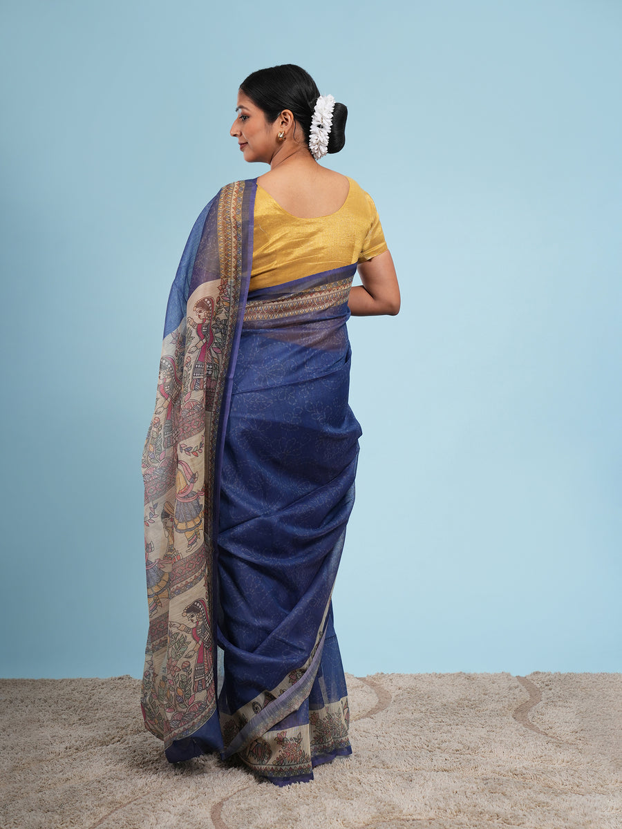 Royal blue Tussar silk Madhubani-print saree, Madhubani motif close-up – Koshnika