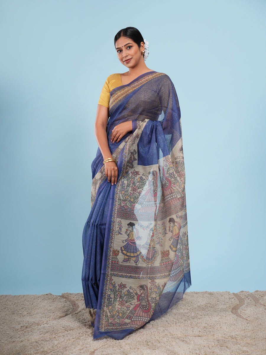 Royal blue Tussar silk Madhubani-print saree, full-length drape – Koshnika