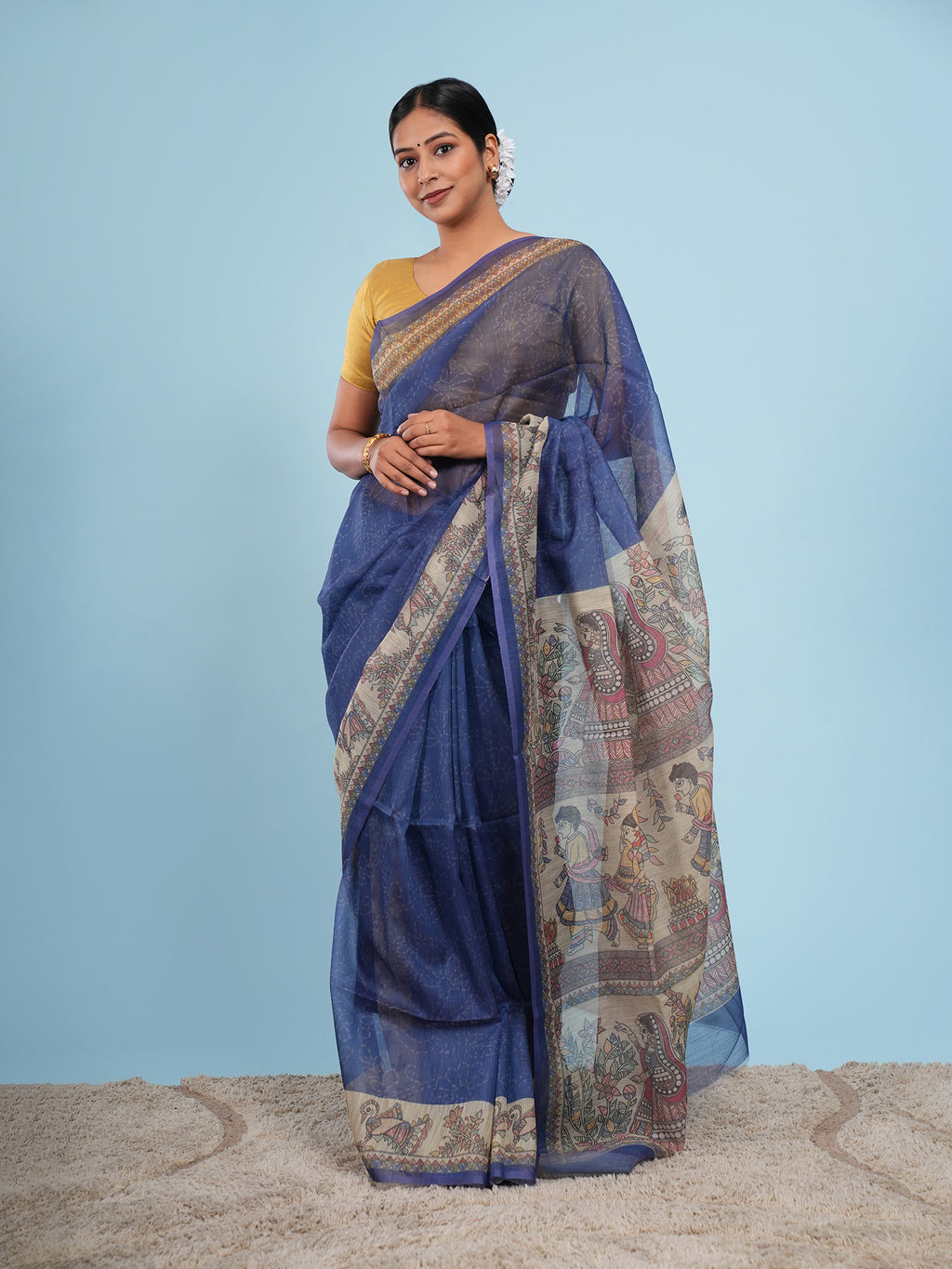Neelima Madhubani print on Tussar silk-Royal blue.