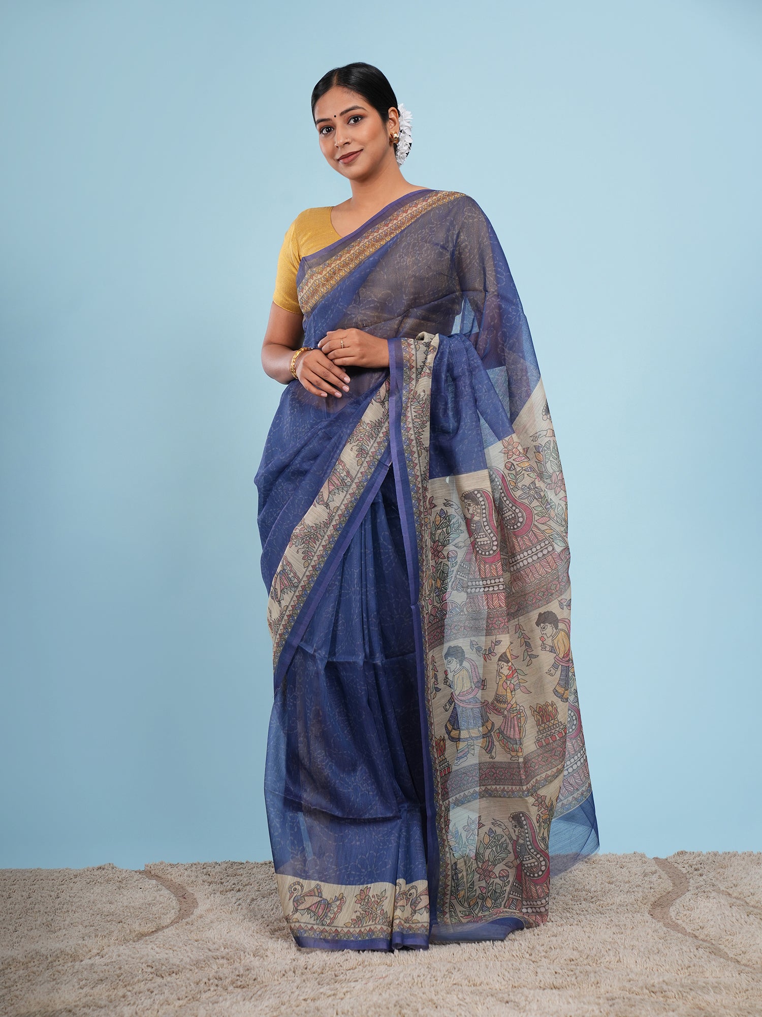 Neelima Madhubani print on Tussar silk-Royal blue.