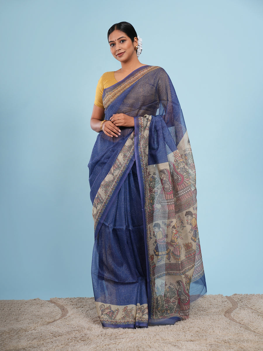 Royal blue Tussar silk Madhubani-print saree, pallu detail – Koshnika