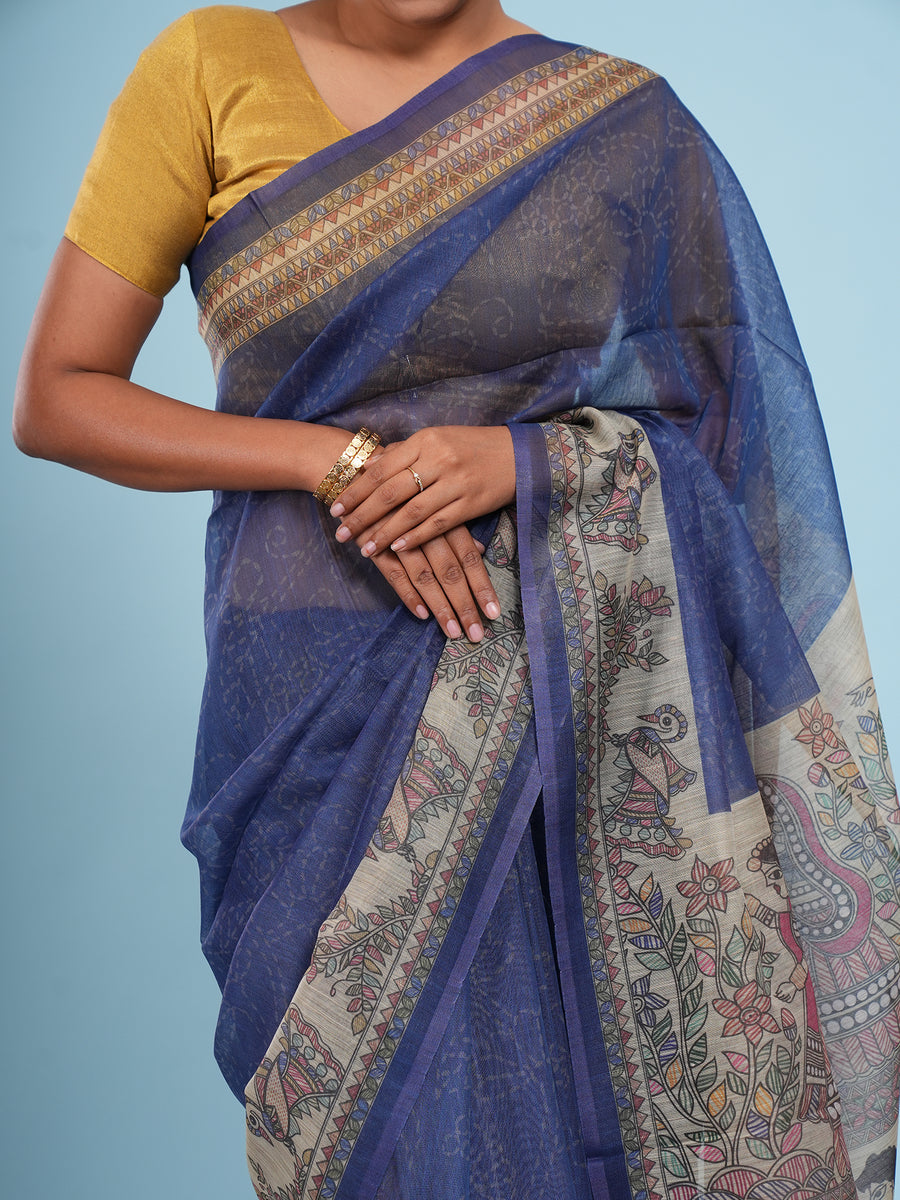 Royal blue Tussar silk Madhubani-print saree, fabric texture close-up – Koshnika