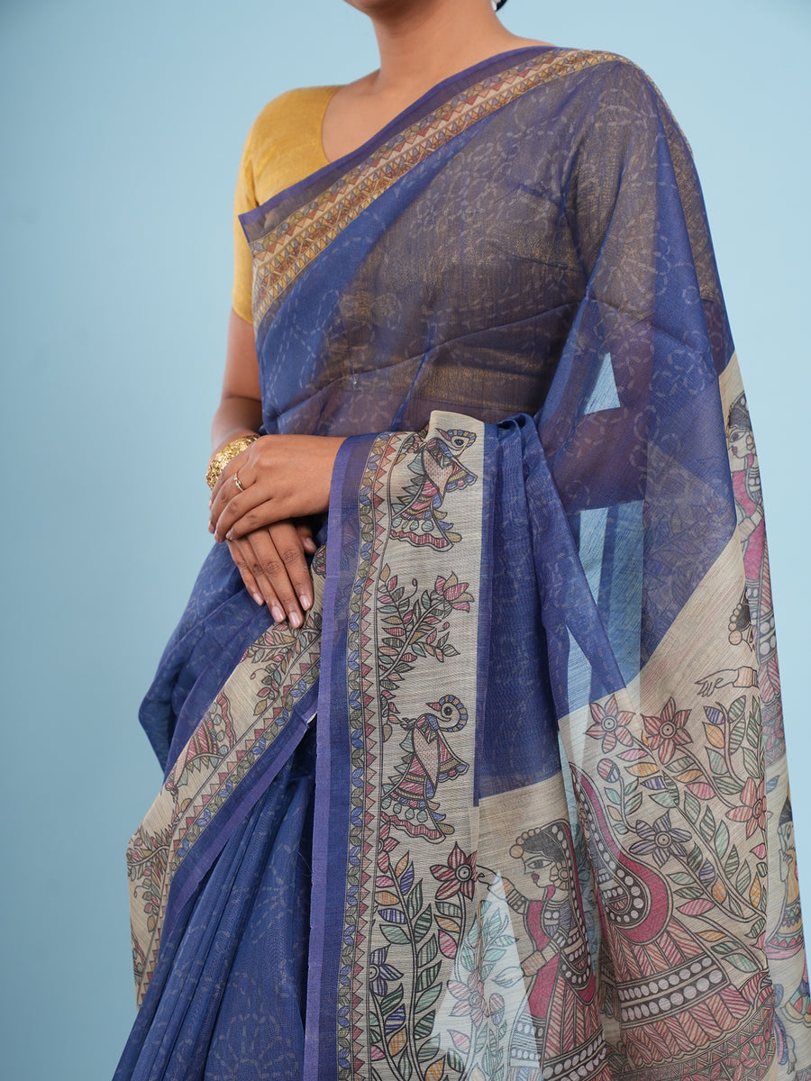Royal blue Tussar silk Madhubani-print saree, styled view – Koshnika