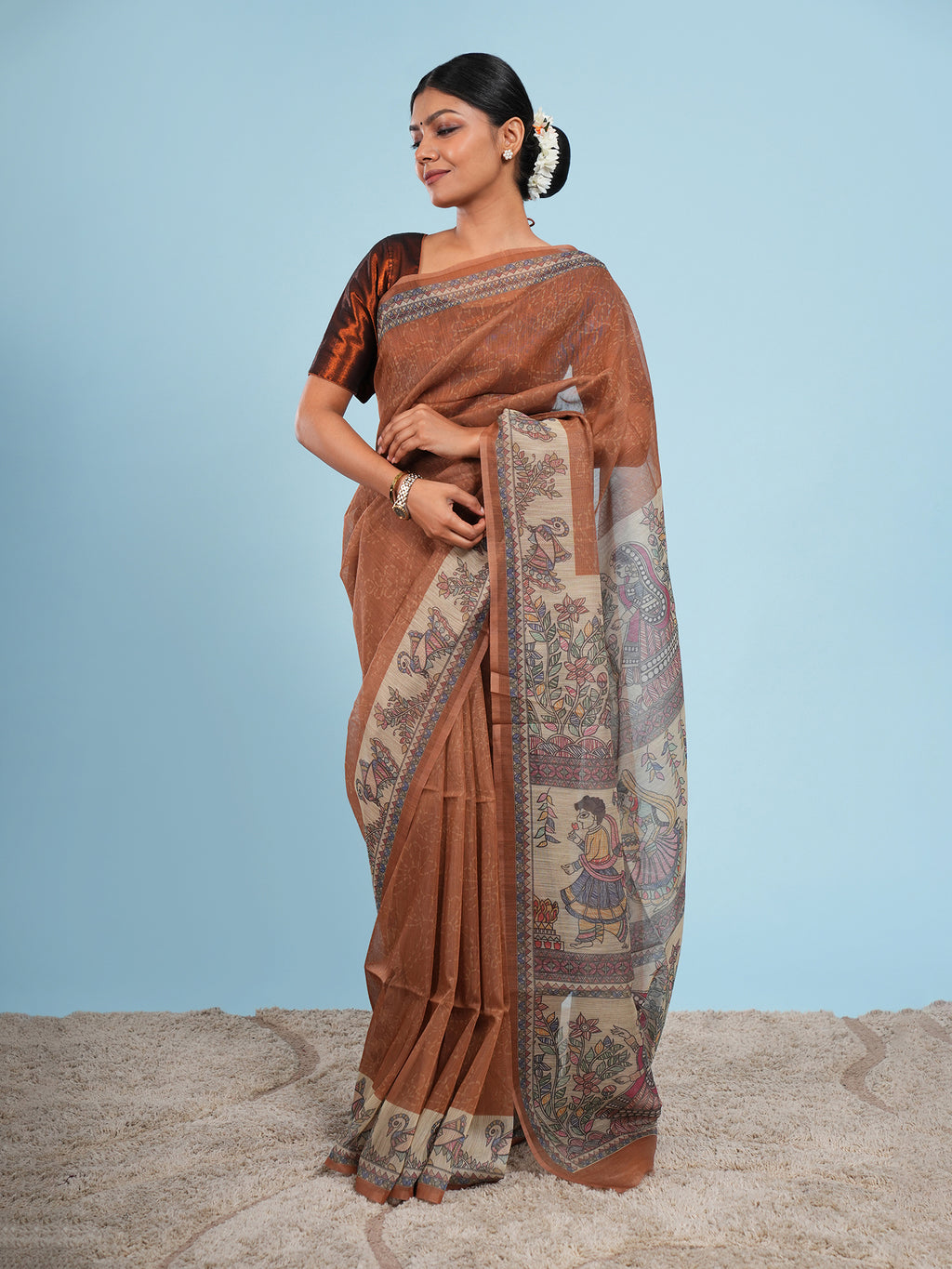 Mrida Madhubani print on Tussar silk-Earth Brown