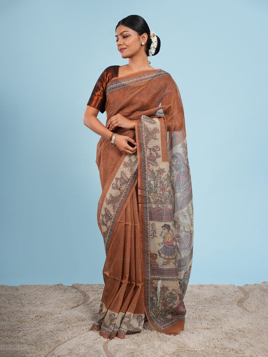 Earth brown Tussar silk Madhubani-print saree – Koshnika