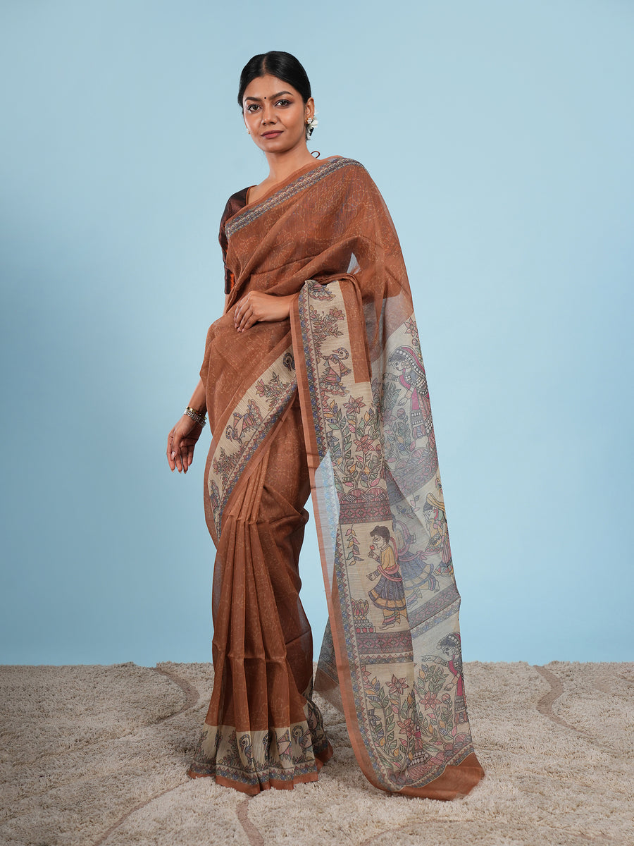 Earth brown Tussar silk Madhubani-print saree, border detail – Koshnika