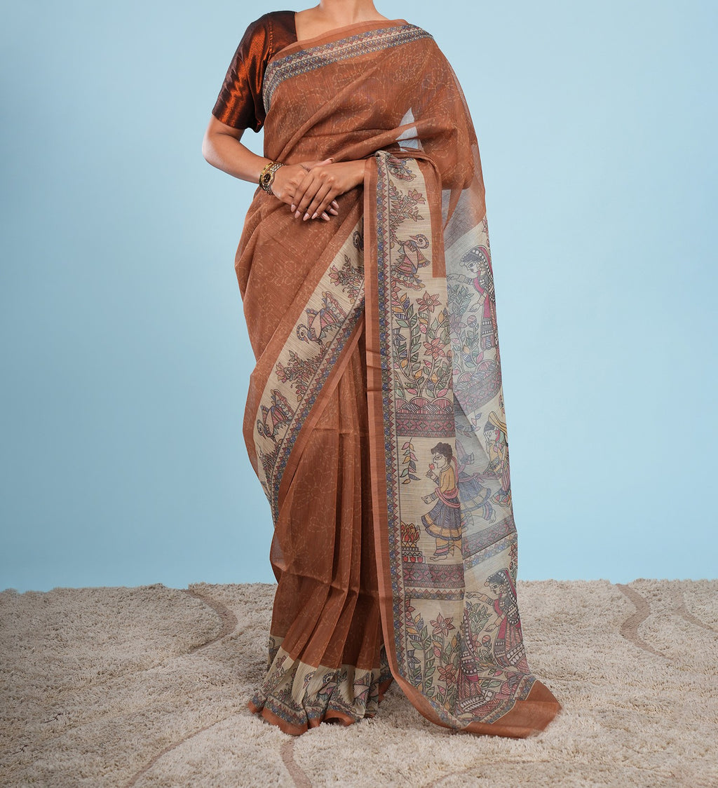 Mrida Madhubani print on Tussar silk-Earth Brown