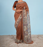 Mrida Madhubani print on Tussar silk-Earth Brown
