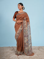 Mrida Madhubani print on Tussar silk-Earth Brown