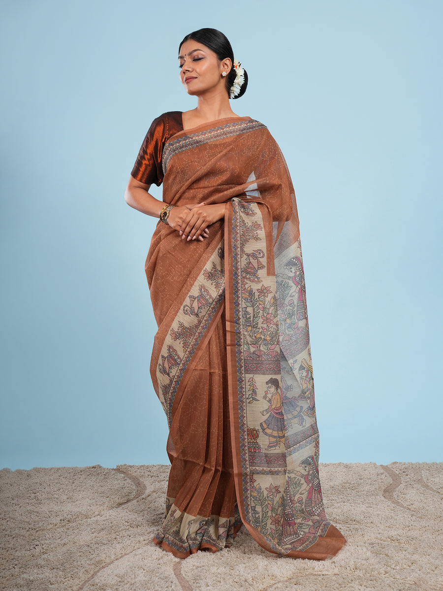 Earth brown Tussar silk Madhubani-print saree, drape and fall – Koshnika