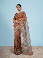 Mrida Madhubani print on Tussar silk-Earth Brown