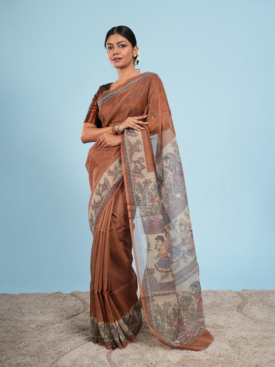Earth brown Tussar silk Madhubani-print saree, full-length drape – Koshnika