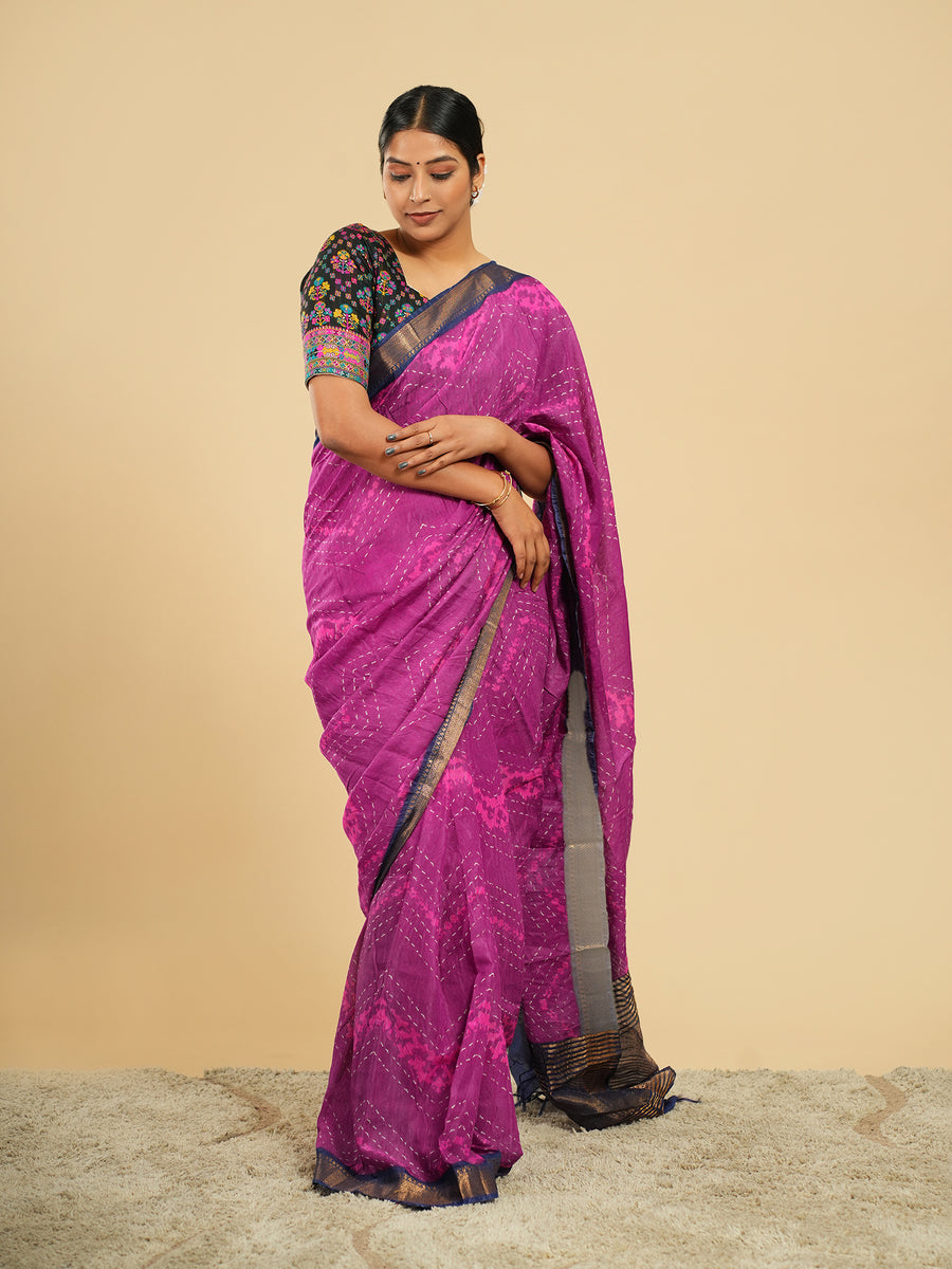 Jamun purple jacquard-border saree, drape and fall – Koshnika