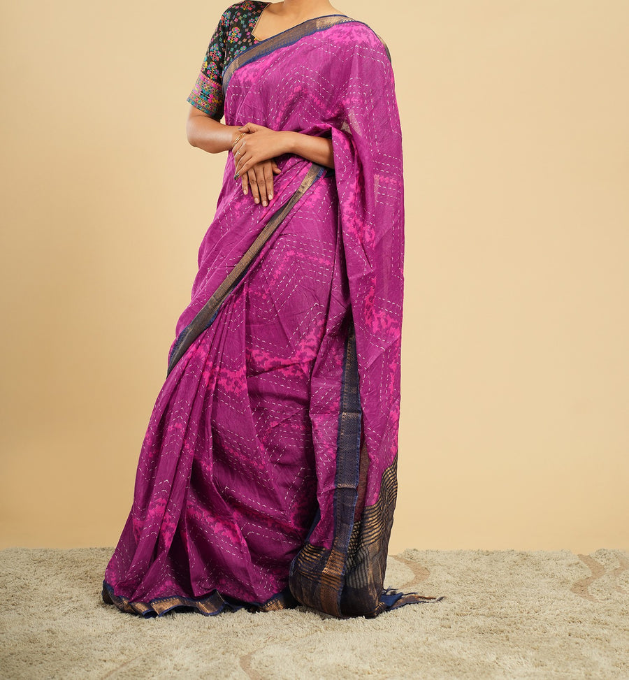Jamun purple jacquard-border saree, full-length drape – Koshnika