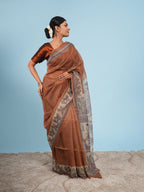 Mrida Madhubani print on Tussar silk-Earth Brown