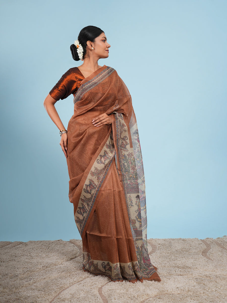 Earth brown Tussar silk Madhubani-print saree, pallu detail – Koshnika