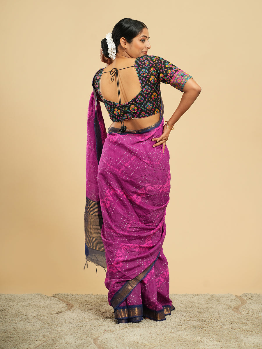 Jamun purple jacquard-border saree, fabric texture close-up – Koshnika
