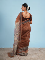 Mrida Madhubani print on Tussar silk-Earth Brown