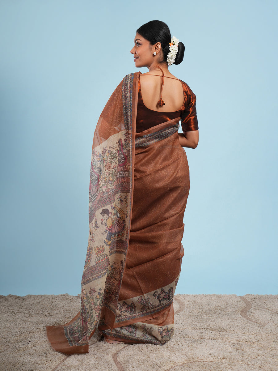 Earth brown Tussar silk Madhubani-print saree, fabric texture close-up – Koshnika