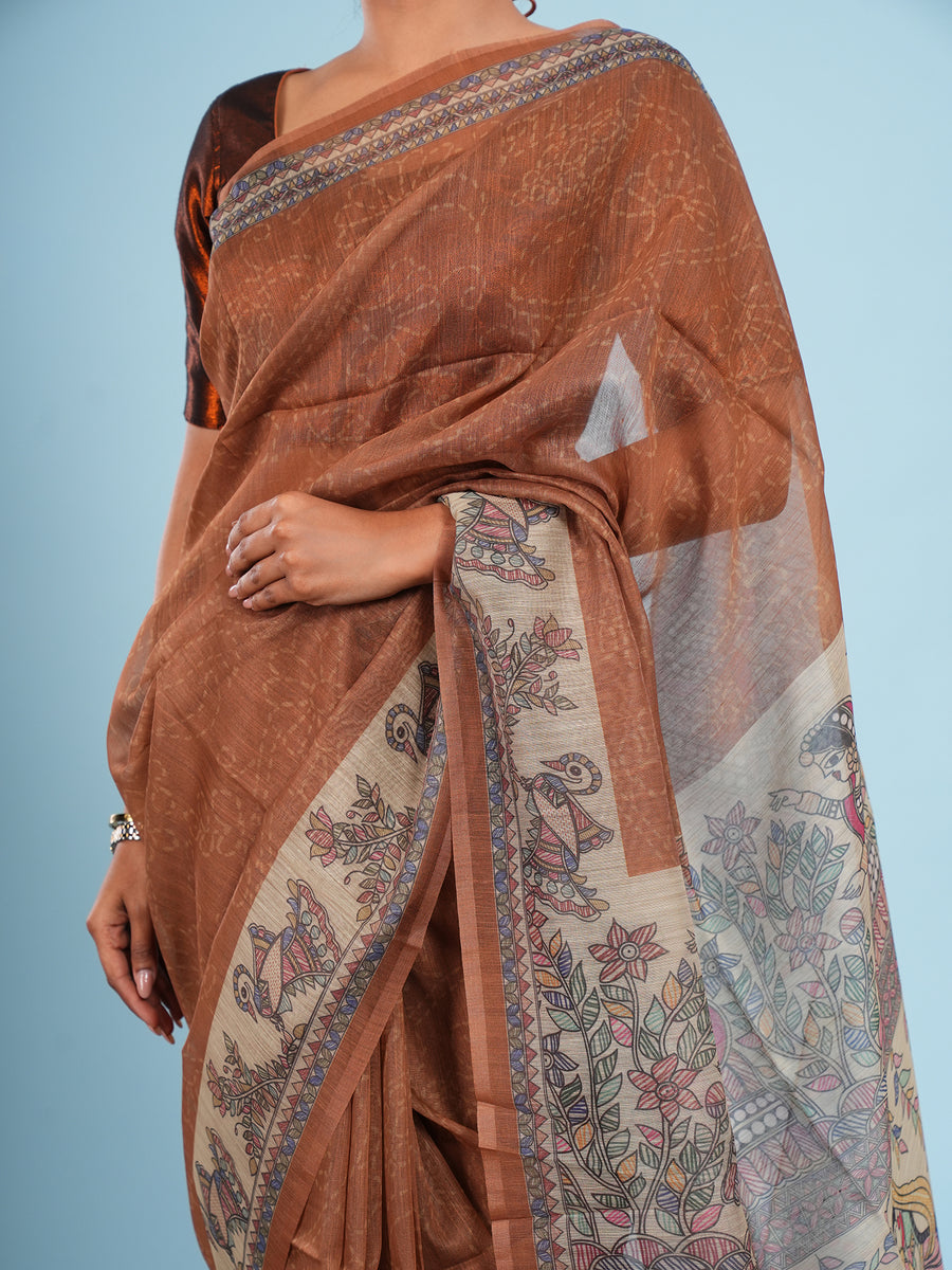 Earth brown Tussar silk Madhubani-print saree, styled view – Koshnika